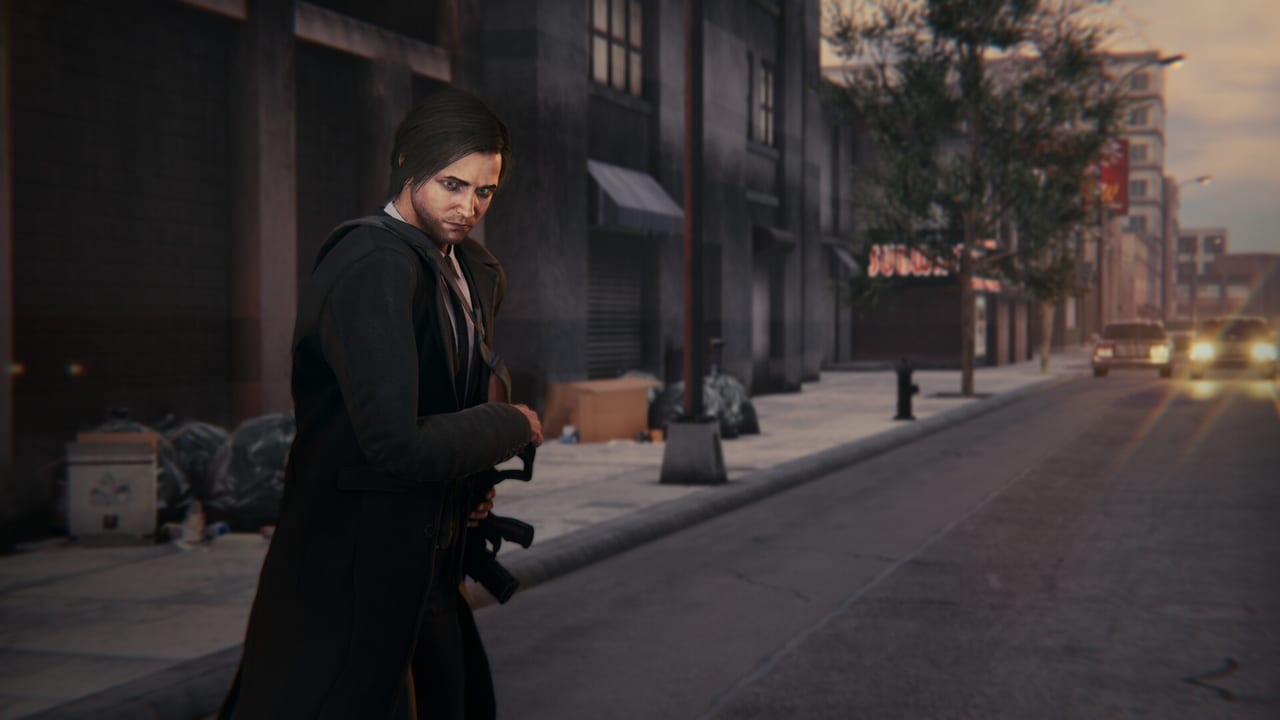 BLACKWOOD screenshot of Anton on a dusk Brooklyn street with a compact rifle